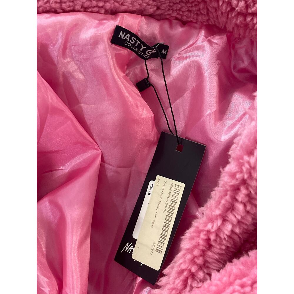 NEW Nasty Gal Pink Oversized Faux Fur Notched Collar Long Sleeve Coat Jacket M - Picture 3 of 5